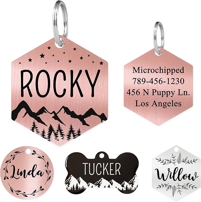 Ultra Joys Stainless Steel Pet ID Tag - Personalized Dog & Cat Tags, Custom Engraving Front & Back, Hexagon Mountain Design, Rose Large