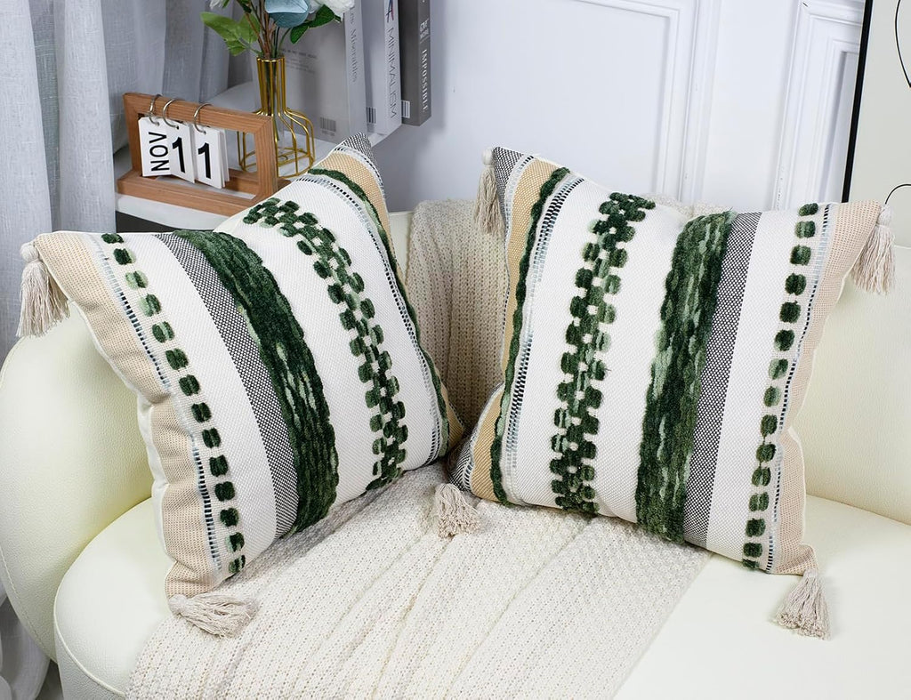 PANOD Chenille Farmhouse Throw Pillow Covers 16 x 16 Dark Green, Neutral Boucle Couch Pillow Cover, Striped Decorative Boho Coushion Cover Pillow Case for Couch Bed Sofa Bedroom,Modern Accent,Set of 2