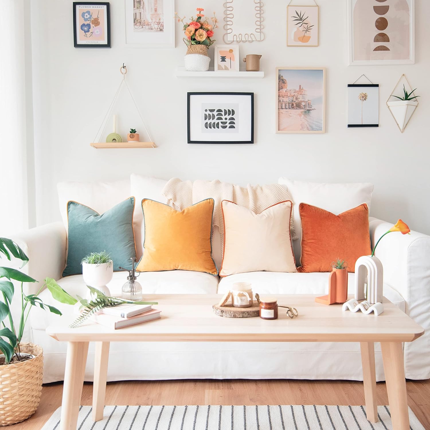 MONDAY MOOSE Decorative Throw Pillow Covers Cushion Cases, Set of 4 Soft Velvet Modern Double-Sided Designs, Mix and Match for Home Decor, Pillow Inserts Not Included (16x16 inch, Orange/Teal)