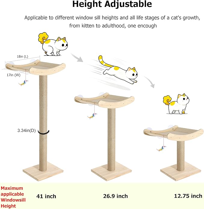 Window Cat Perch with Scratching Posts, 46" Wood Tree Bed for Maine Coon Big Cats Perching and Lounging, Mounted with 3 Strong Suction Cups (Wood Platform)