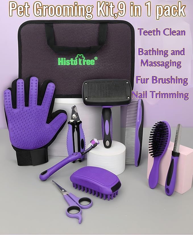 Pet Hair Grooming Tool Kit-9 Packs,Dog Cat Grooming Kit,Washing Gloves,Slicker Brush,Nail Trimming Tools,Dog Toothbrush,Comb and Grooming Scissors Set