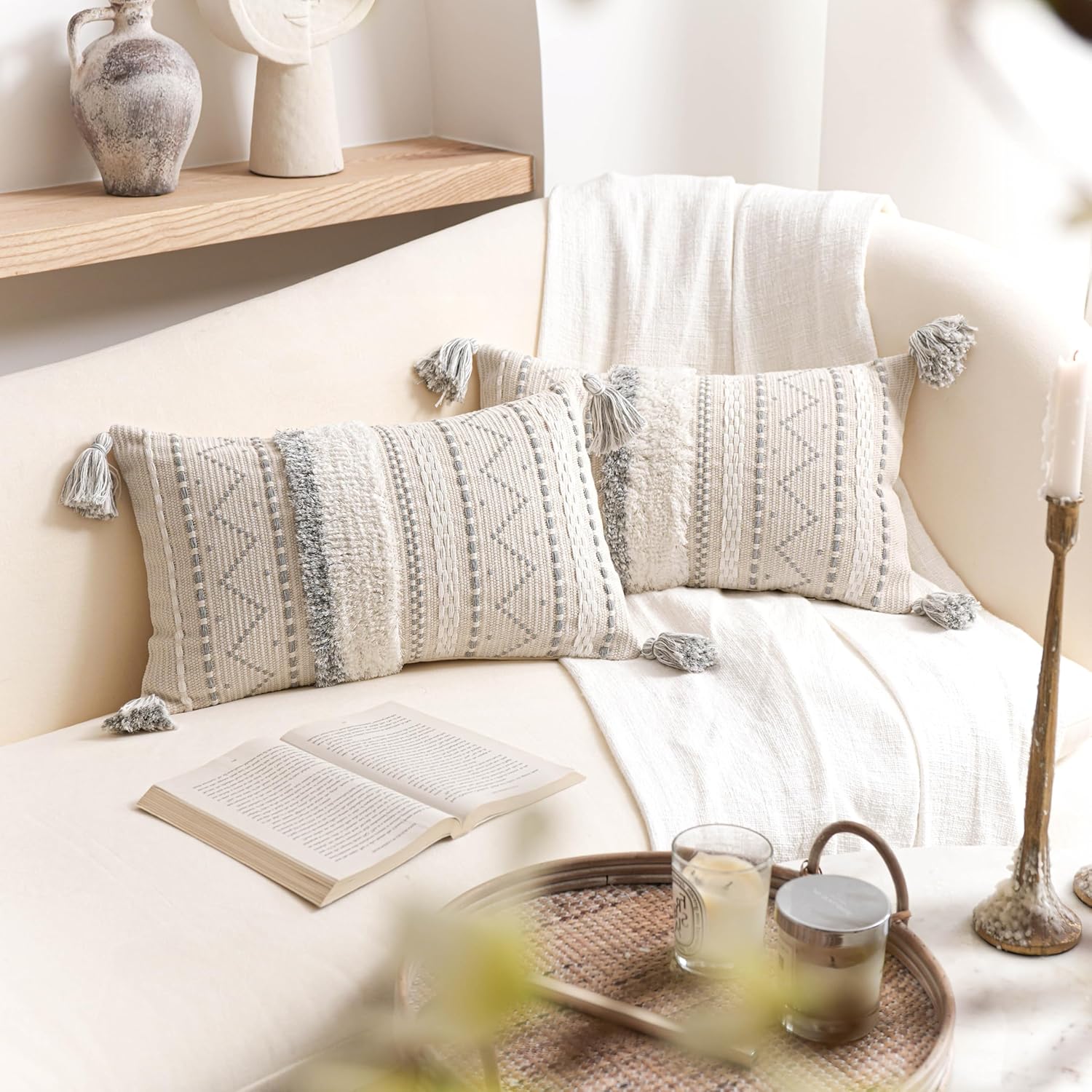 BlissBlush Decorative Lumbar Throw Pillow Cover 12x20 Combo Set of 2 Gray Rectangular Boho Accent Pillowcase Neutral Grey Farmhouse Cushion for Couch Sofa Bedroom Living Home Décor Cover ONLY