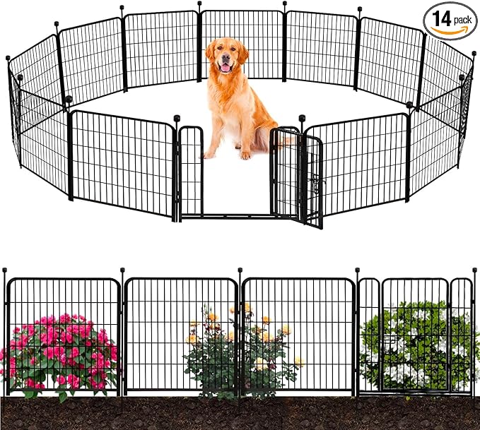 ADAVIN Garden Fencing 36 inch High, 14 Panels Total 31 Ft(L), Animal Barrier Fence, Wide gate Low Threshold, Yard Fence for Dogs, Black Metal Garden Fences and Borders, Outdoor Rabbit Fence