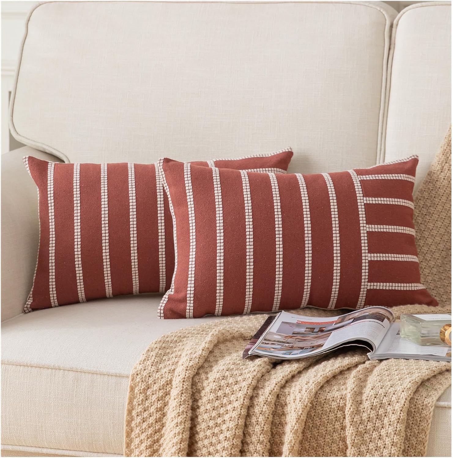 Caflife Boho Fall Throw Pillow Covers 12x20 Set of 2 Soft Farmhouse Decorative Couch Pillow Cases Rust Striped Pillow Covers Neutral Cushion Covers for Sofa Bed Living Room Home Decor