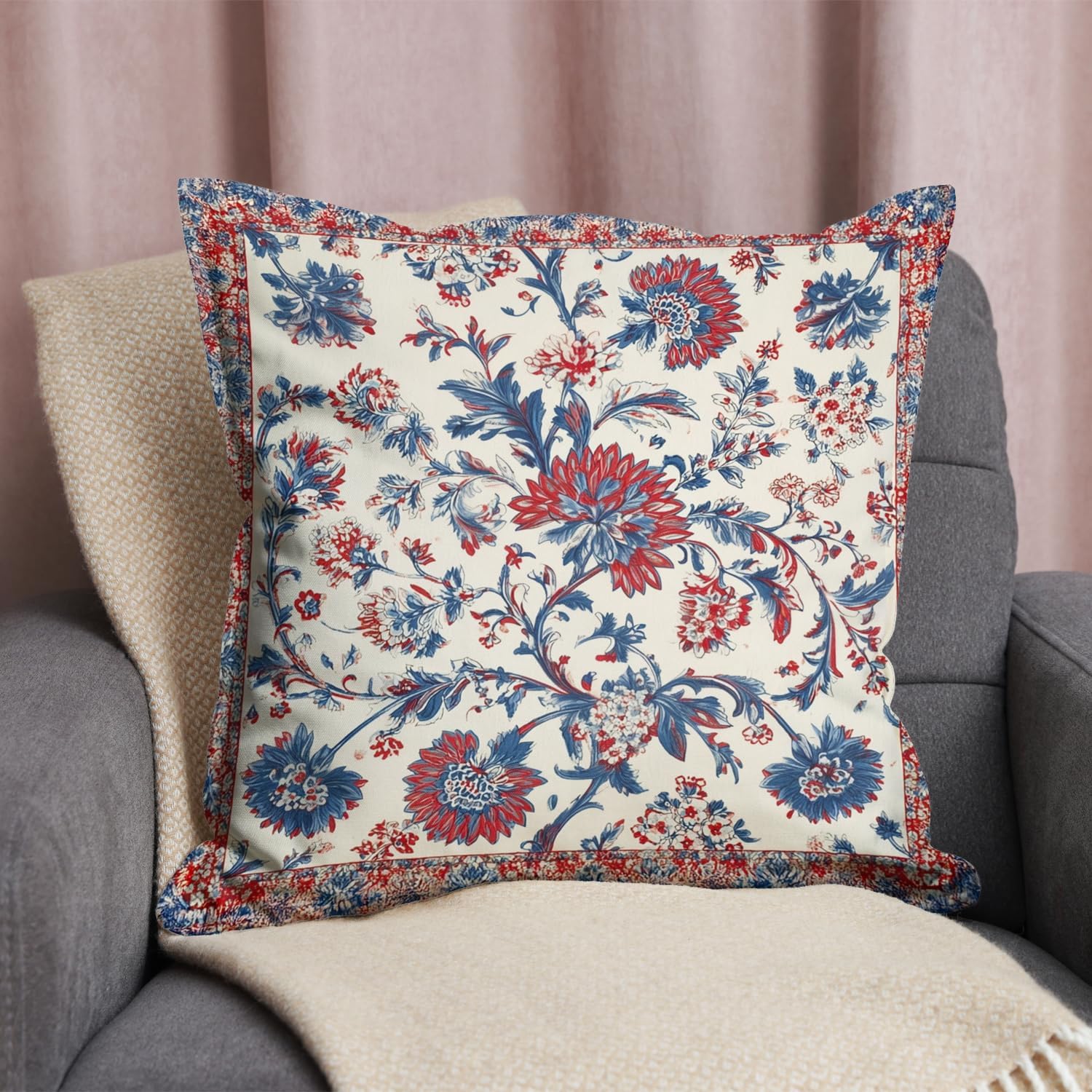 Bohemian Pillow Covers | Vintage Floral & Carpet Design | Double Sided Blue White Decorative Pillowcases for Couch, Bed | Indoor Outdoor Boho Home Decor (Red&White, 18x18inches)