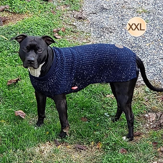 KYEESE Dog Sweater for Large Dogs with Leash Hole Warm Pullover with Reflective Yarn Male Thick Stretchy Knitwear Winter Soft Pet Coat boy for Cold Weather Comfy Dog Sweaters, Navy Blue, XX-Large