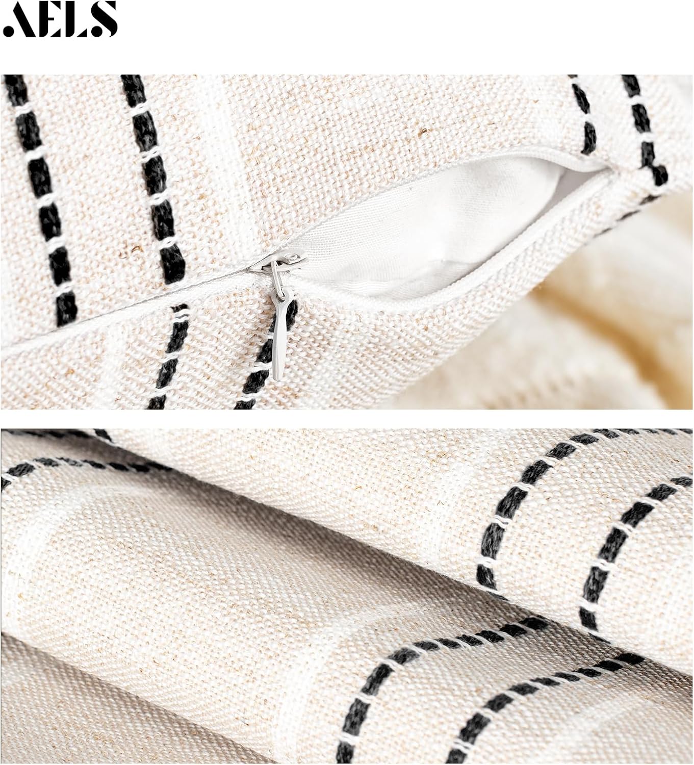AELS 16x16 Decorative Farmhouse Linen Throw Pillow Covers, Boho Textured Pillow Case, Set of 2, Beige with White & Black Stitch Yarn Dyed Stripe Cushion Cover for Sofa Couch Living Room (Cover ONLY)