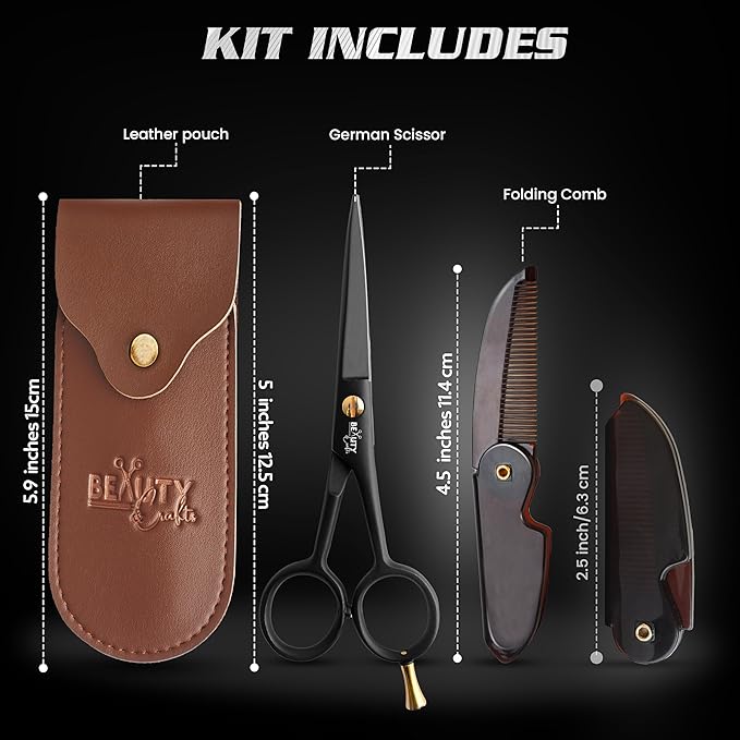 5'' German Beard Mustache Scissor- 2 Mustache Combs for Facial Hair with Beautiful Pouch -Beard Trimming Scissors for Grooming, Cutting, and Styling of Mustache (Black with Folding Comb)