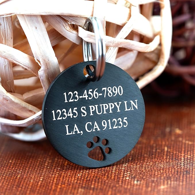 Ultra Joys Dog Tags Personalized for Pets - Hollow Paw Custom Pet ID Tag - Engraved Dog Tag for Small, Large Dogs - Large Round in Black