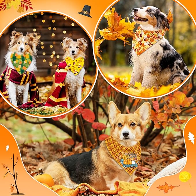 60 Pcs Fall Thanksgiving Dog Bandanas Bulk Adjustable Dog Scarves Pumpkin Turkey Puppy Bandanas Autumn Pet Neckerchief Washable Holiday Bandana for Small Medium Large Dog Pet Grooming Accessories