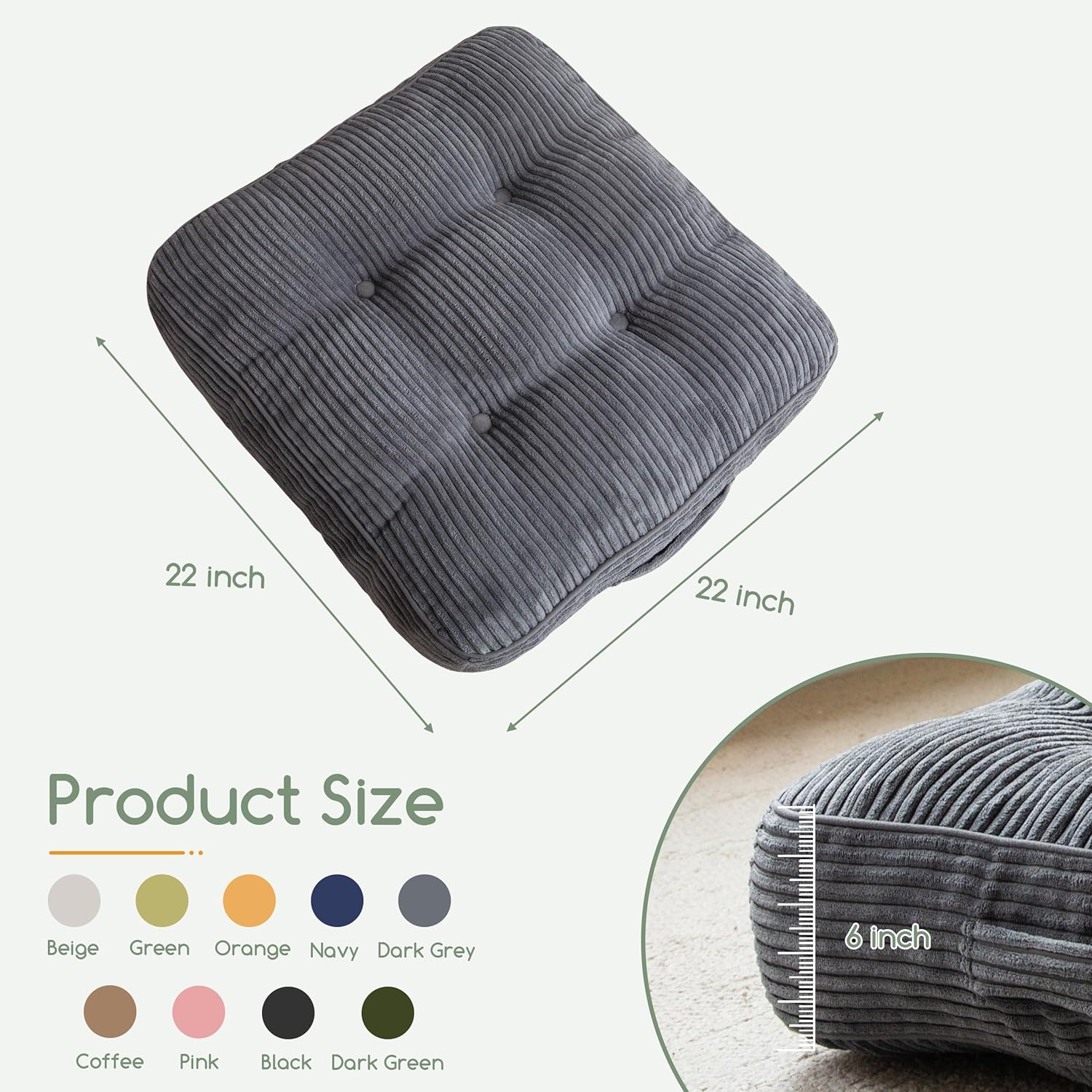 6" Washable Floor Pillow Cushion for Adults, Meditation Cushion Pillow, Large Square Floor Sitting, Removable Tufted Corduroy Cover, for Tatami Living Room or Yoga, 22x22 Inch, 2Pack, Machine Washable