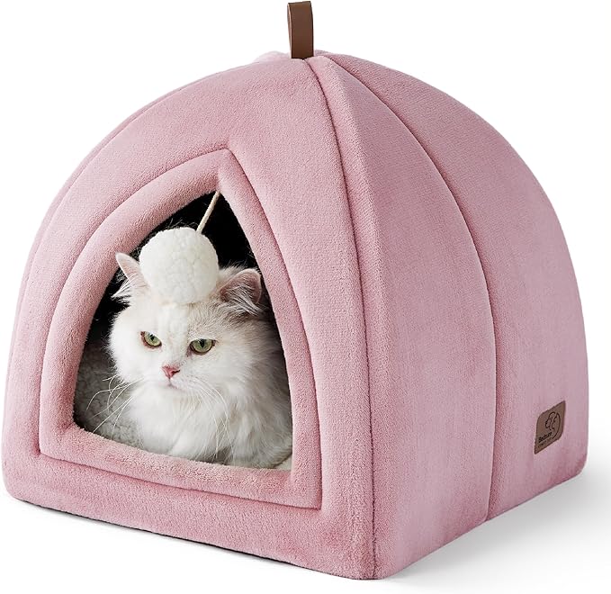 Bedsure Cat Beds for Indoor - 2 in 1 Cat Cave House Tent for Kittens and Small Pets with Removable Washable Cushioned Pillow, Foldable Kitten Hideaway with Non-Slip Bottom, Pink, 16 inches
