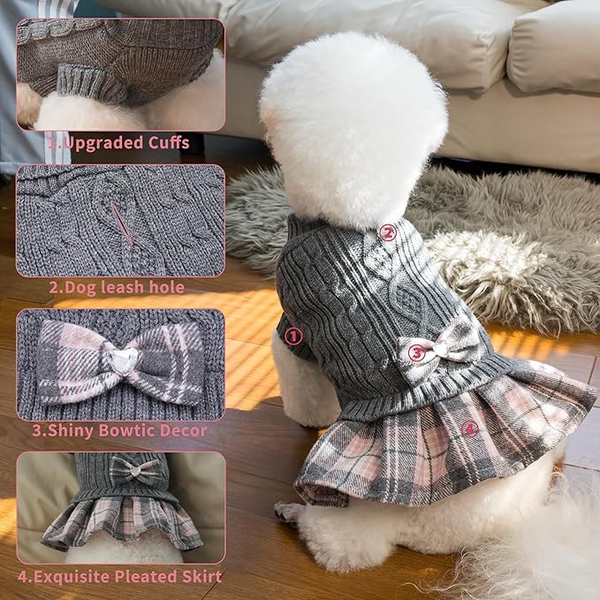 WOYYHO Girl Dog Sweater Dress with Bowtie Turtleneck Small Dogs Sweater with Leash Hole, Knitted Small Dog Sweaters Dress Puppy Winter Clothes for Yorkies Chihuahua (Medium, Gray)