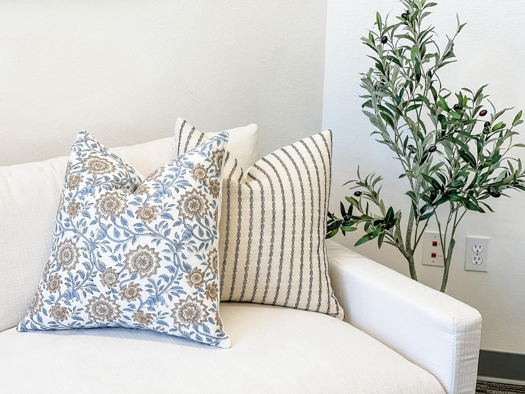 Designer Floral Print on Off White Linen Pillow Cover, Blue and Beige Pillow, Boho Décor Pillow, Decorative Throw Pillow Covers, Neutral Decor (Light Blue, 12x48)