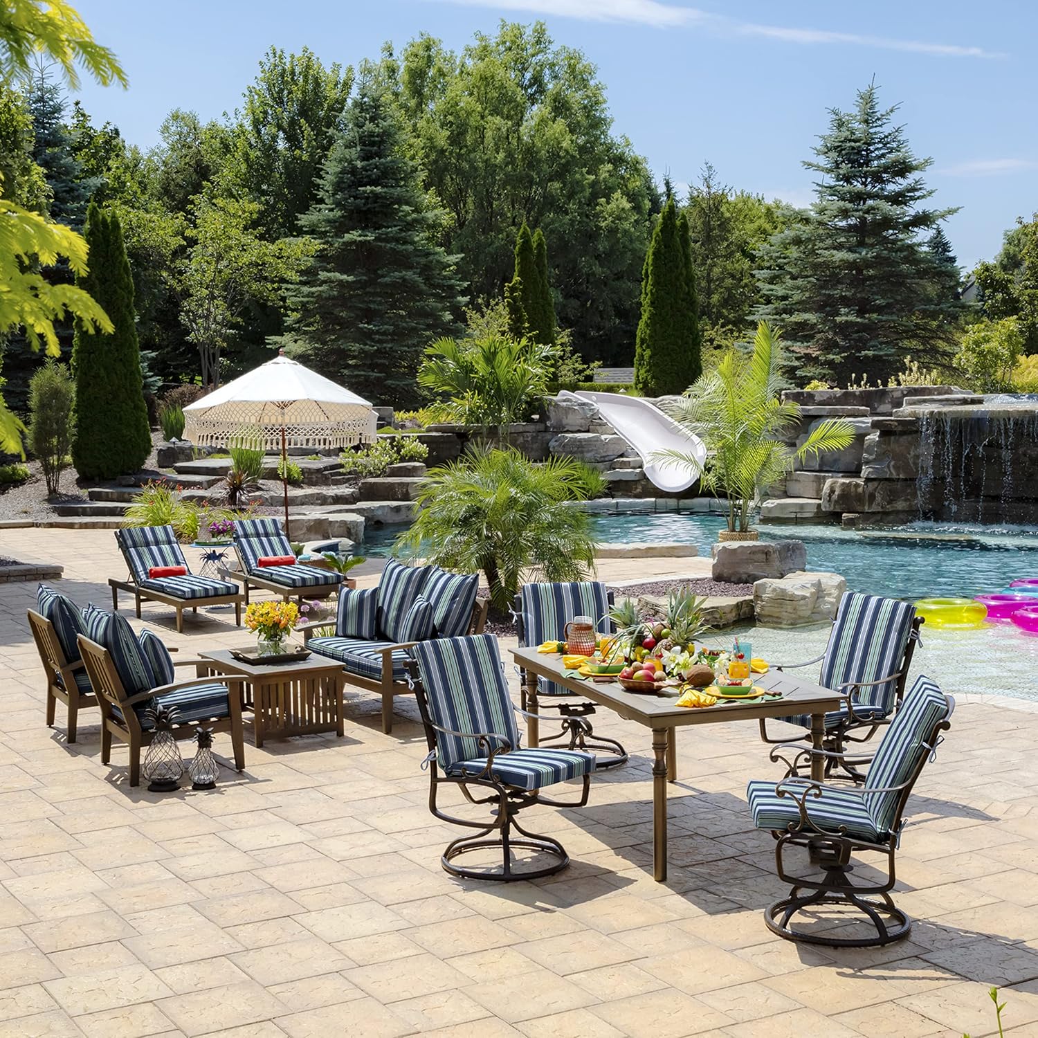 ARDEN Outdoor Midback Chair Cushion, 18 x 16.5, Water Repellent, Fade Resistant 18 x 16.5, Sapphire Aurora Blue Stripe