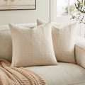 ZeeMart Linen Checked Throw Pillow Covers Set of 2, 22x22 Inch Beige/Cream, Farmhouse Decorative Single Sided Grid Embroidered Couch Pillow Cases Neutral Cotton Linen Cushion Covers