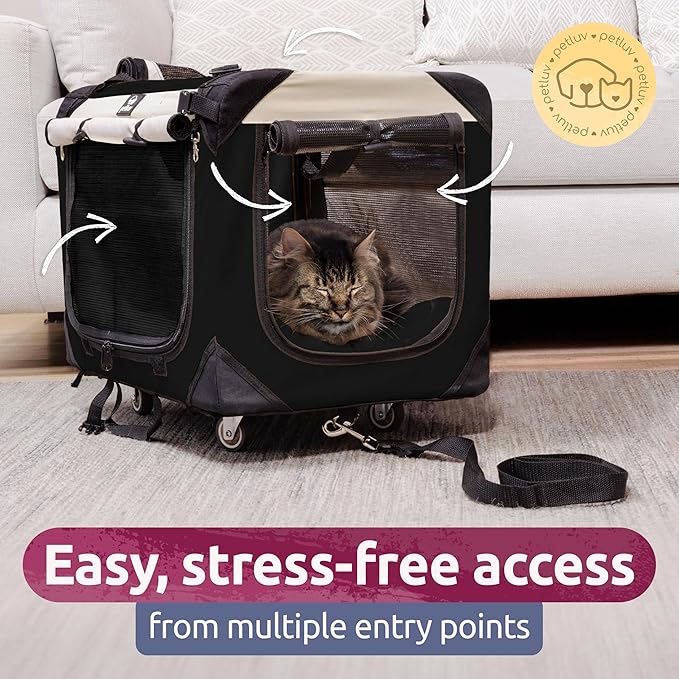 Large Pet Carrier on Wheels. Holds 2 Cats or Medium Dog. Rolling, Soft Sided Cat Carrier & Dog Crate for Travel. Collapsible, Portable Cat Bag with Soft Bed, Top & Side Loading, Locking Zippers