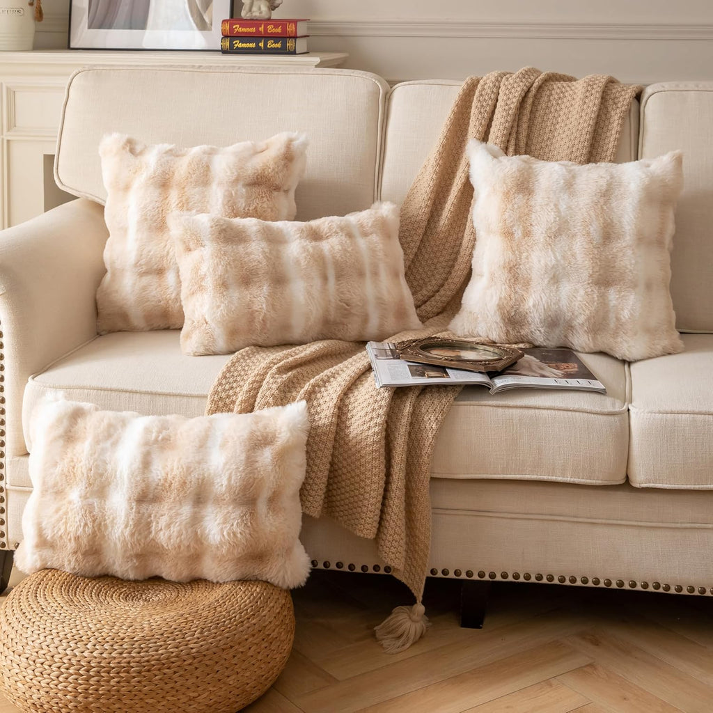 Pack of 2 Thick Plush Throw Pillow Covers Fluffy Wave Faux Fur Decorative Cushion Covers Soft Wool Pillowcase for Sofa Couch Livingroom 16x16 Inch White Beige