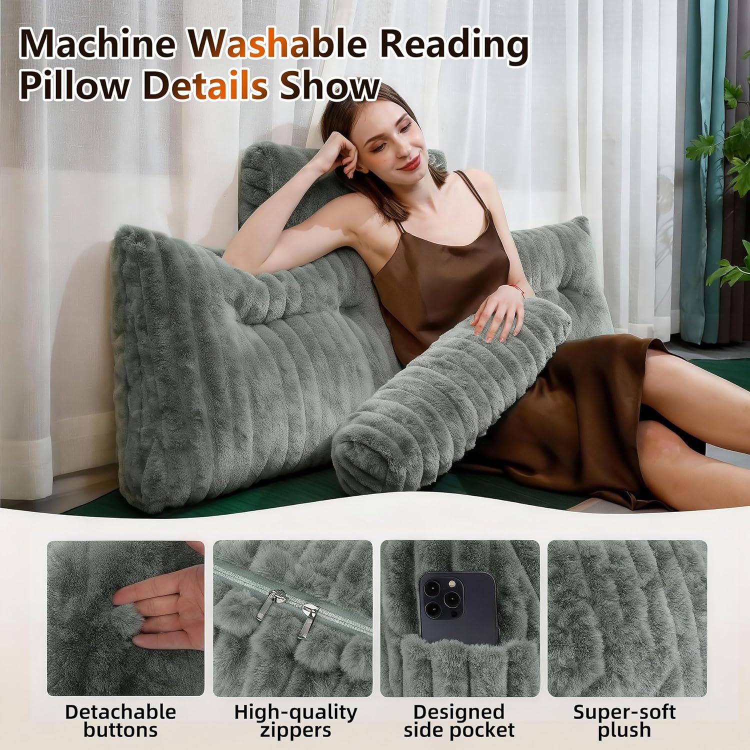 Faux Fur Headboard Pillow Twin Size, Triangular Wedge Backrest with Removable Head Roll & Side Pocket, 100% Linen Reading Pillow for Bed, Couch, Floor - Ergonomic Support for Neck, Back, Dark Grey