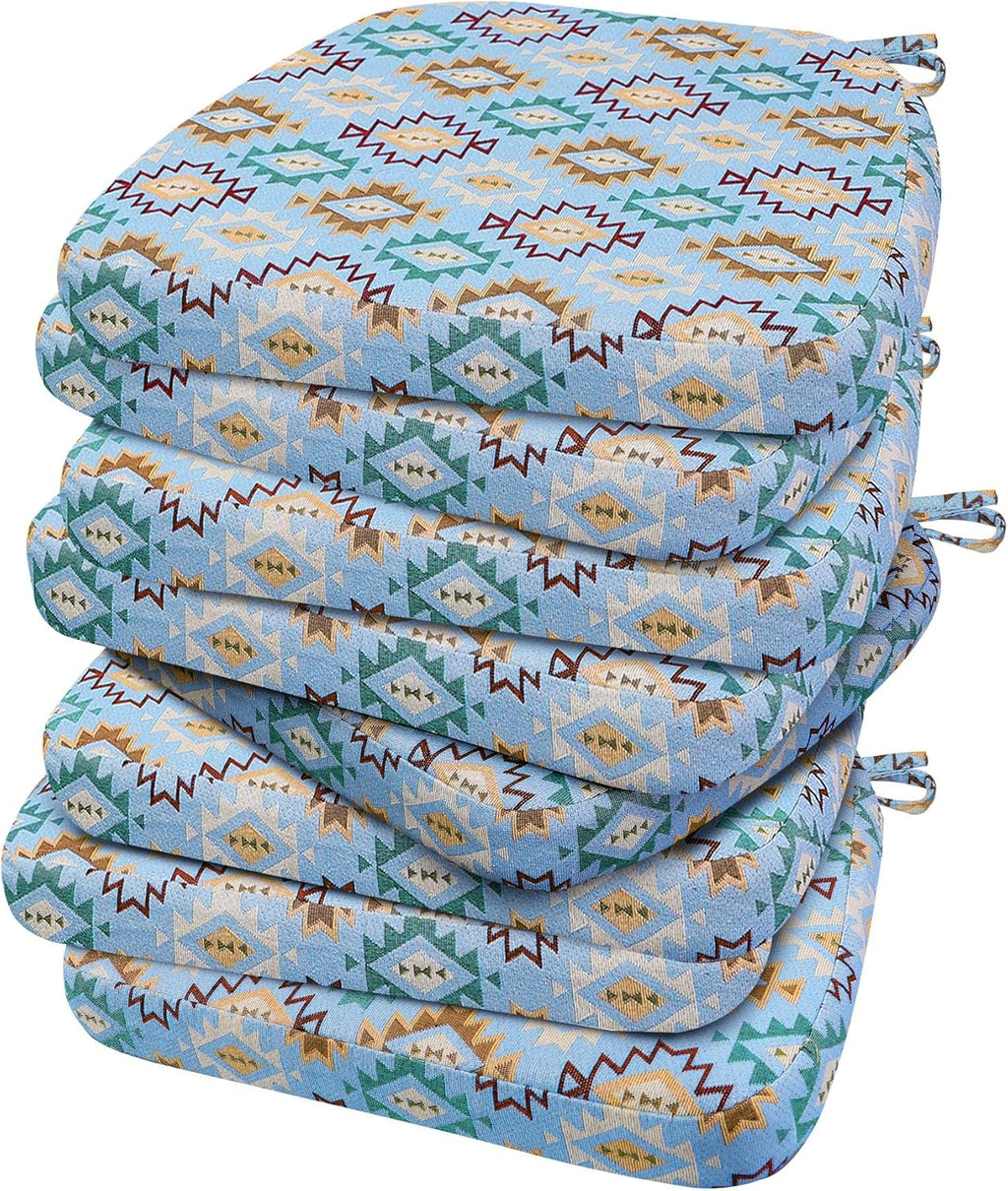 AAAAAcessories D-Shaped Chair Cushions, 2" Thick Dining Chair Pads with Ties and Removable, Machine-Washable Cover, 17" x 16", Set of 8, Geometric Blue