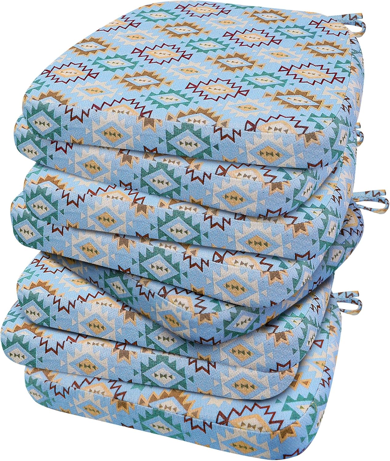 AAAAAcessories D-Shaped Chair Cushions, 2" Thick Dining Chair Pads with Ties and Removable, Machine-Washable Cover, 17" x 16", Set of 8, Geometric Blue