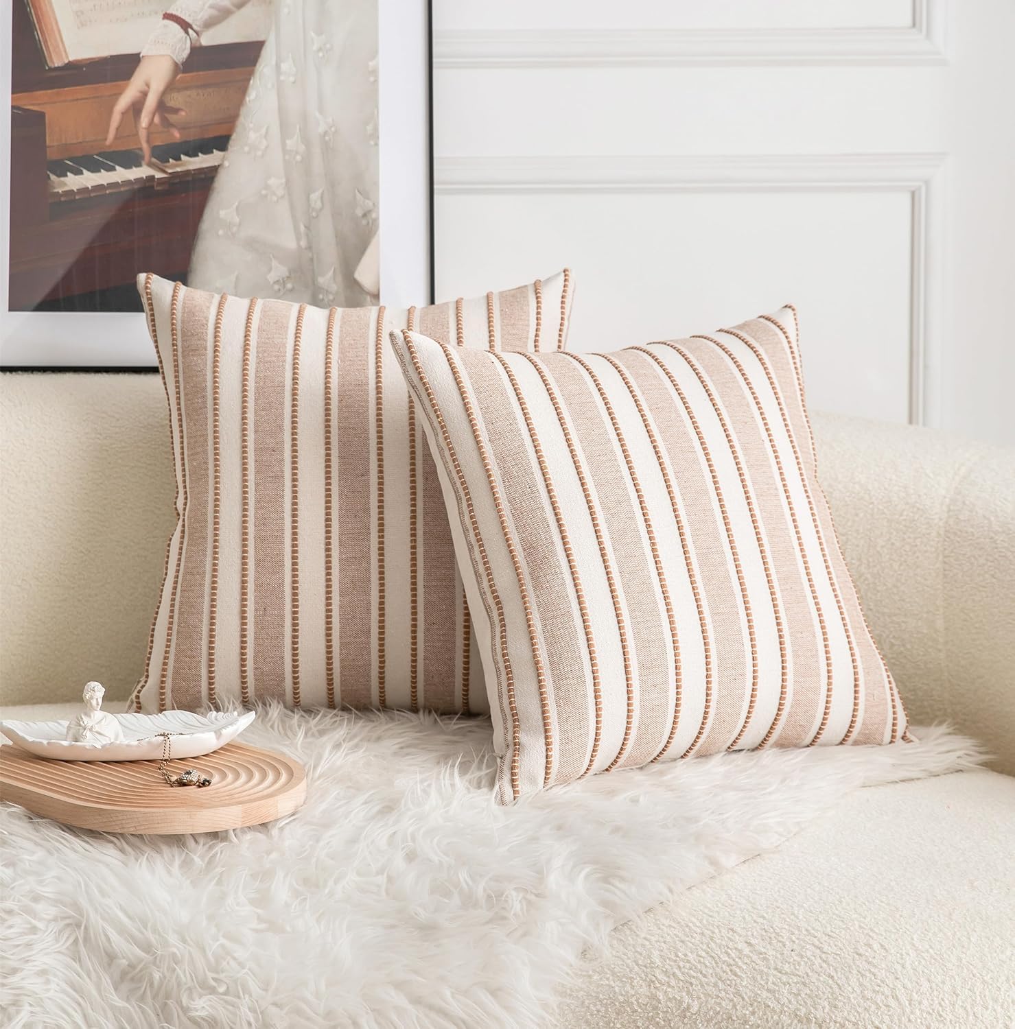 Decorative Boho Throw Pillow Covers, Farmhouse Textured Pillow Case, 18 x 18 Inch Set of 2, Chair Sofa Bedroom Living Room Home Decor Couch Cushion Case, Brown and Beige Striped