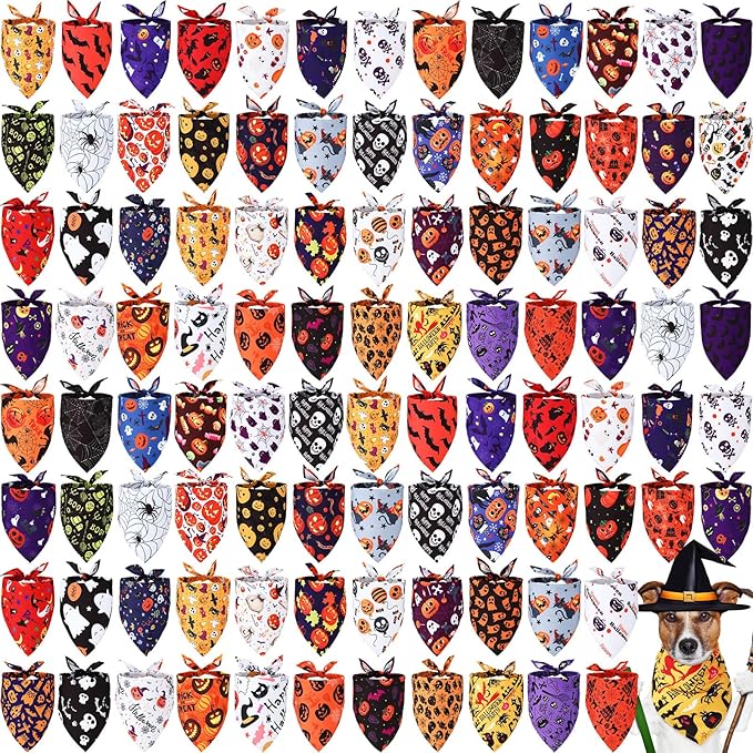 Kigeli 100 Pack Halloween Dog Bandanas Adjustable Triangle Bibs Scarf Ghost Halloween Pumpkin Spider Web Pet Bandanas Costumes Holiday Accessories for Large Medium Small Dog Puppy Cat(Large)