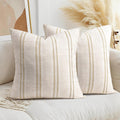 AELS 22x22 Decorative Farmhouse Linen Throw Pillow Covers, Boho Textured Pillow Case, Set of 2, Beige with White & Brown Stitch Yarn Dyed Stripe Cushion Cover for Sofa Couch Living Room (Cover ONLY)