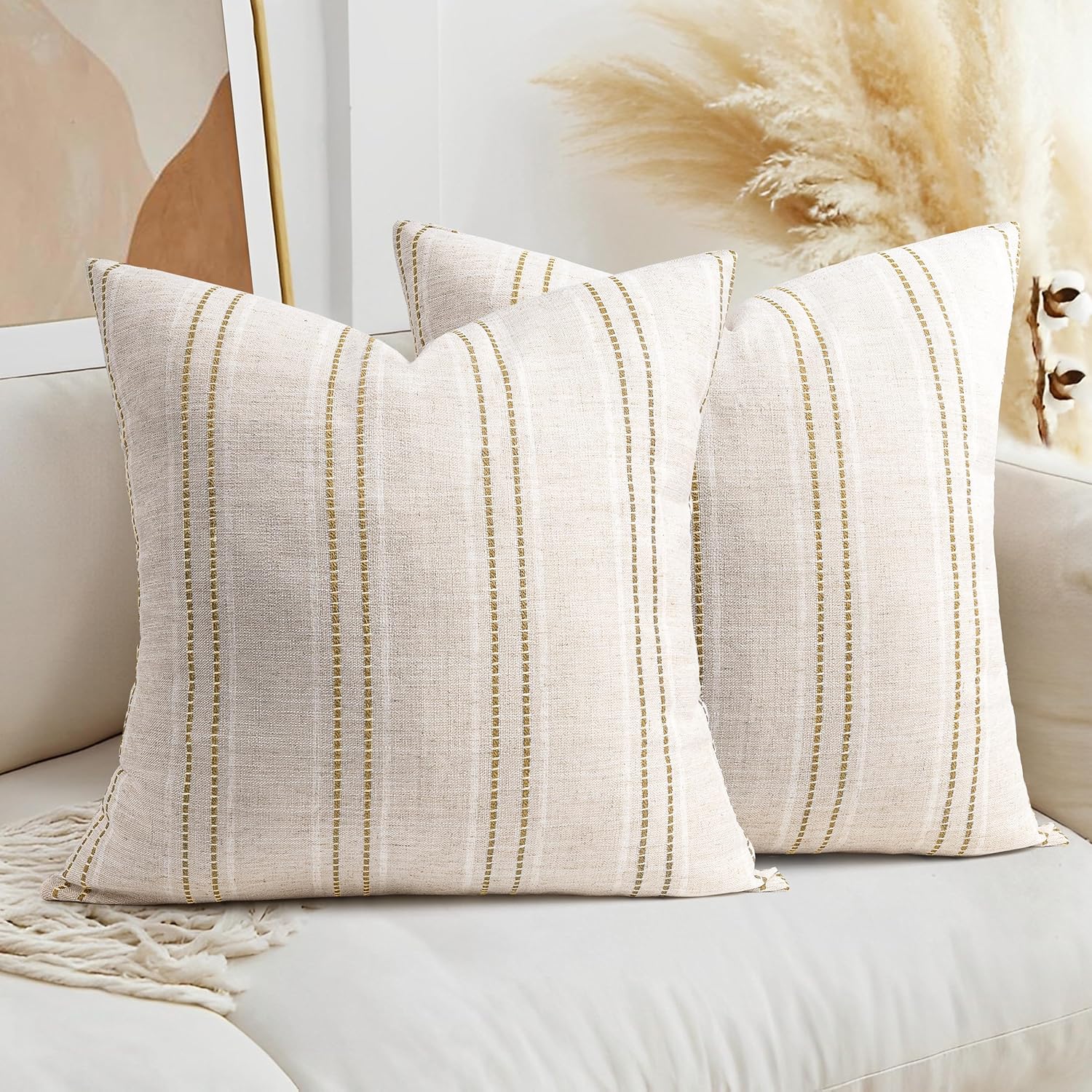 AELS 22x22 Decorative Farmhouse Linen Throw Pillow Covers, Boho Textured Pillow Case, Set of 2, Beige with White & Brown Stitch Yarn Dyed Stripe Cushion Cover for Sofa Couch Living Room (Cover ONLY)