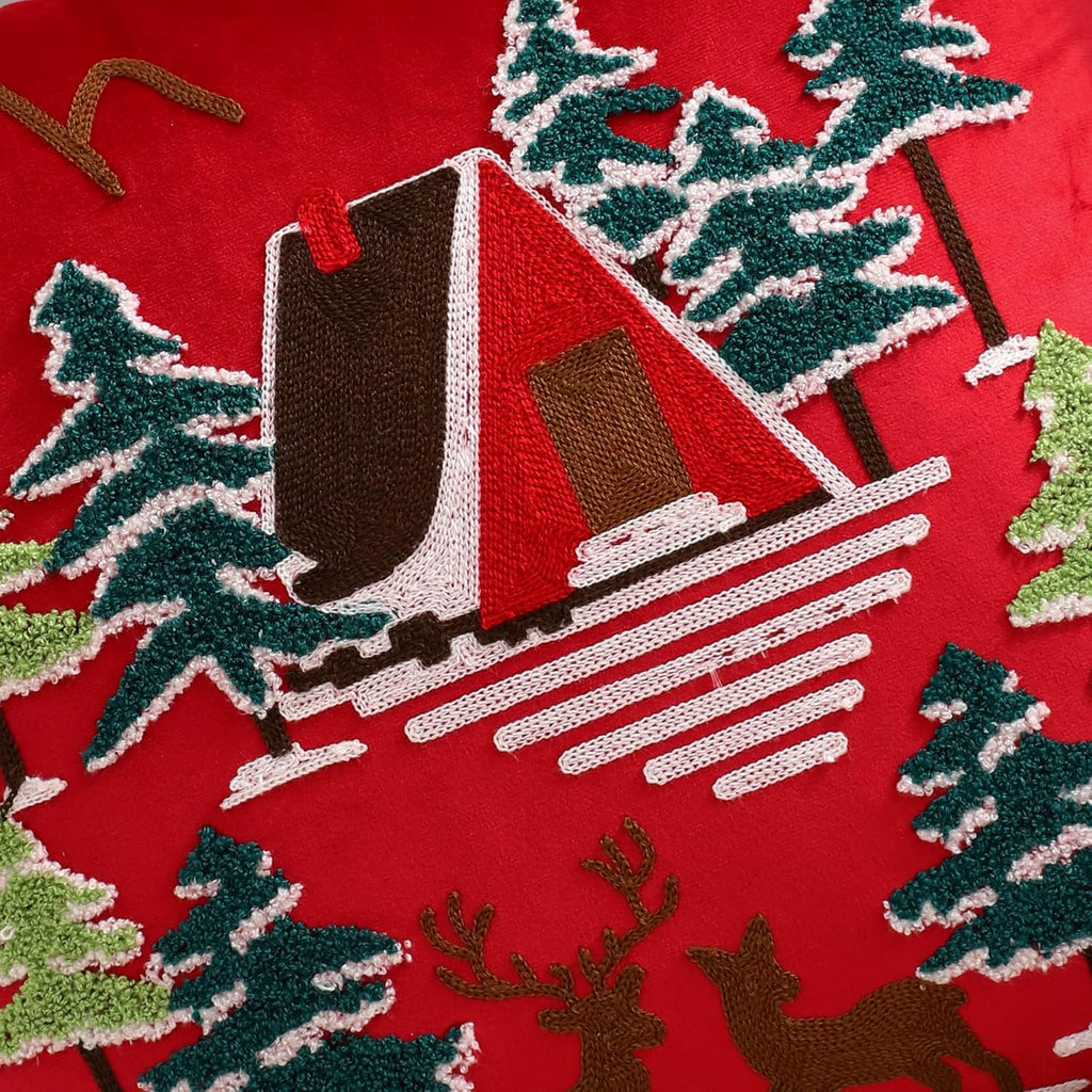 LUOYEHK Red Christmas Pillow Covers 18x18 Set of 2 House and Deer Decorative Pillow Cases Winter Holiday Velvet Embroidered Cushion Covers for Couch Sofa Bed