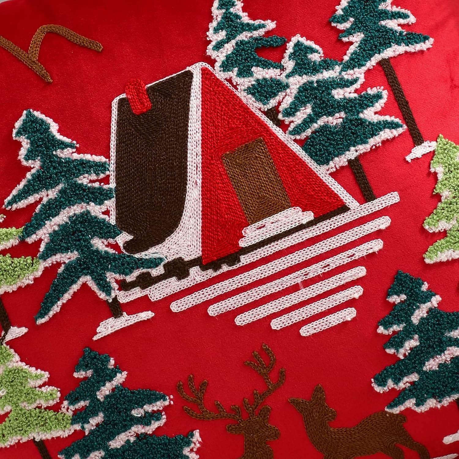LUOYEHK Red Christmas Pillow Covers 18x18 Set of 2 House and Deer Decorative Pillow Cases Winter Holiday Velvet Embroidered Cushion Covers for Couch Sofa Bed