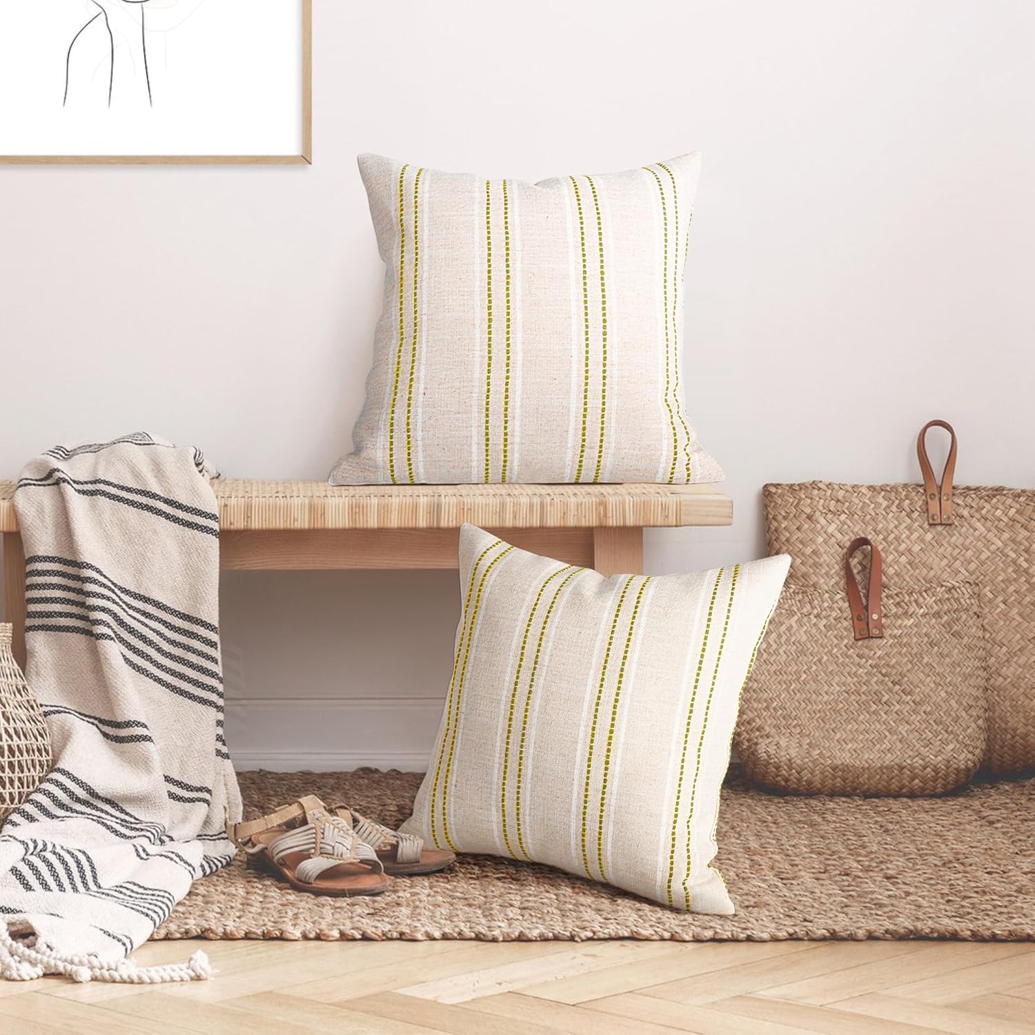 AELS 18x18 Decorative Farmhouse Linen Throw Pillow Covers, Boho Textured Pillow Case, Set of 2, Beige with White & Green Stitch Yarn Dyed Stripe Cushion Cover for Sofa Couch Living Room (Cover ONLY)