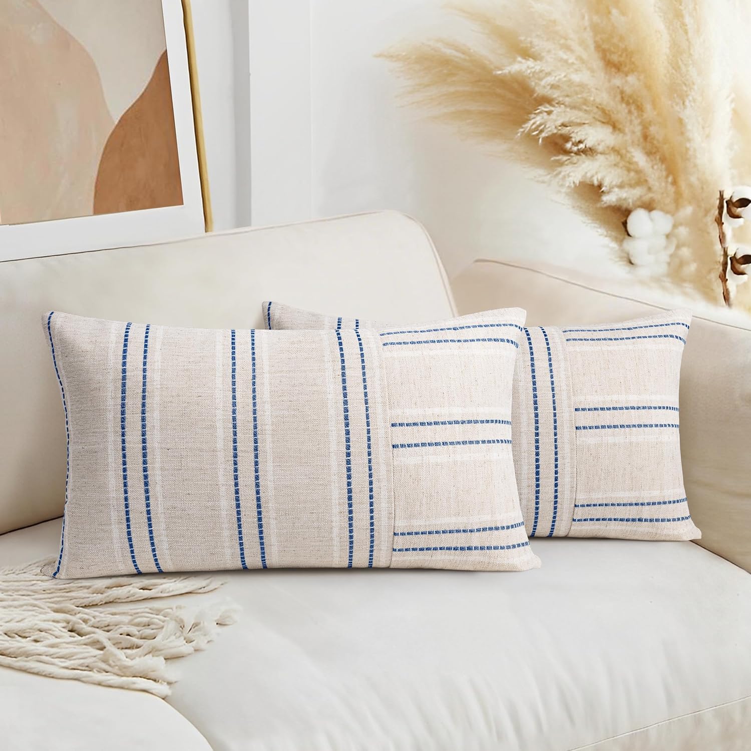 AELS 12x20 Decorative Farmhouse Linen Throw Pillow Covers, Boho Rectangle Lumbar Pillow Case, Set of 2, Beige with Navy Blue Stripe Patchwork Cushion Cover for Sofa Couch Living Room (Cover ONLY)