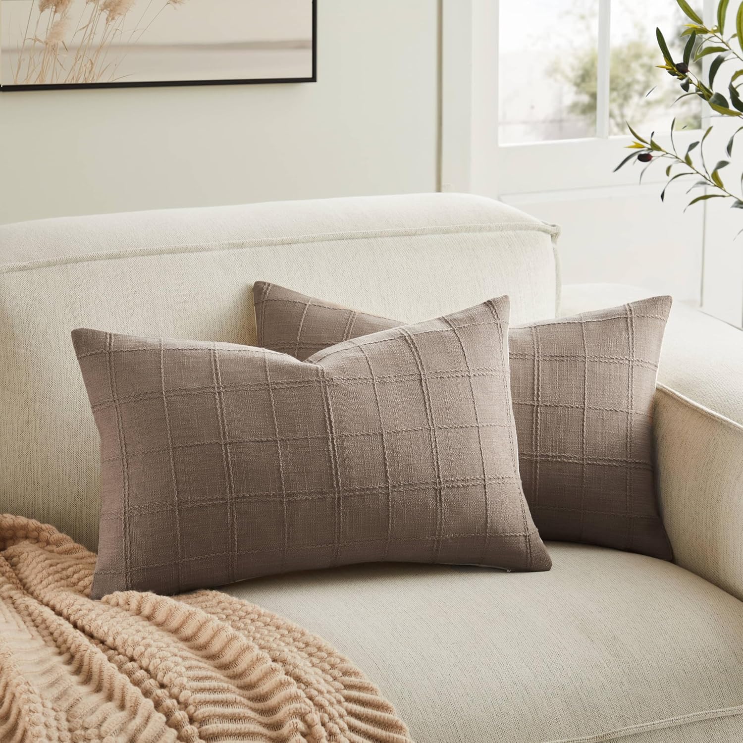 ZeeMart Linen Checked Lumbar Throw Pillow Covers Set of 2, 12x20 Inch Cocoa Brown/Cream, Farmhouse Decorative Single Sided Grid Embroidered Couch Pillow Cases Brown Cotton Linen Cushion Covers