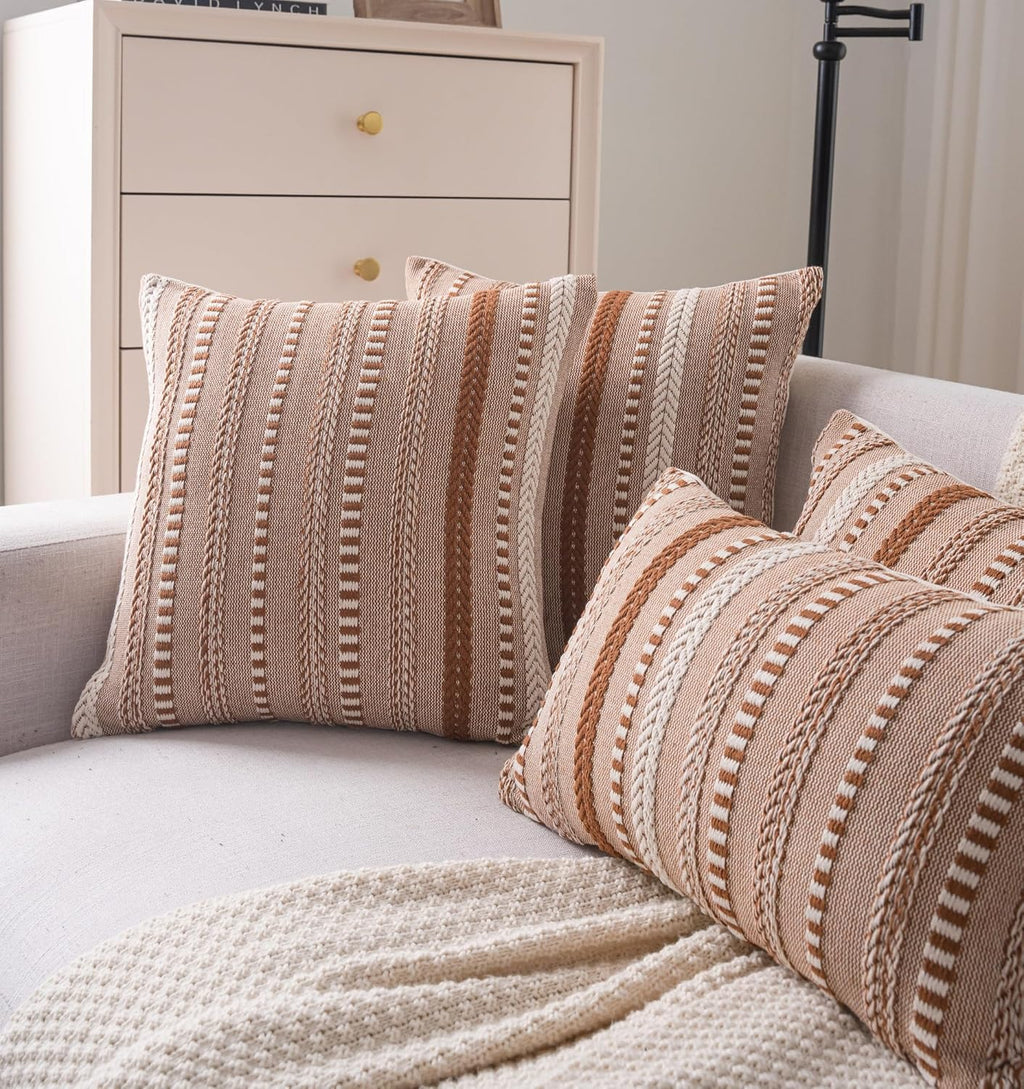 Boho Throw Pillow Covers 18x18 Inch Set of 2, Farmhouse Decorative Couch Pillow Cases, Brown Accent Pillows of Bed, Sofa Bedroom Living Room Home Decor Cushion Cover