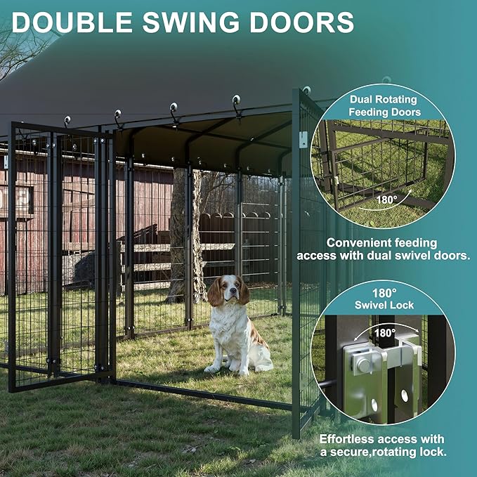 10' x 10' Large Outdoor Dog Kennel with Double Swing Doors, Heavy-Duty Dog Cage with Feeding Panel, Weatherproof Roof, Secure Fence Playpen for Large Dogs, Easy Assembly