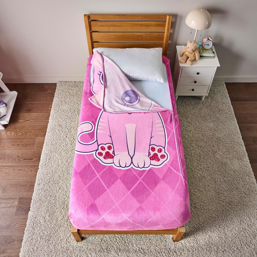 ZippySack Twin Bed Zip-Up Bedding – Super Soft Fleece Fitted Blanket with Side Pocket & Durable Zipper – Easy Bed-Making for Kids (Kitty)