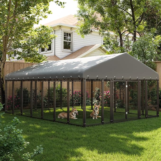 10 x 14 FT Large Outdoor Dog Kennel with Double Swing Doors, Heavy-Duty Dog Cage with Feeding Panel, Weatherproof Roof, Secure Fence Playpen for Large Dogs, Easy Assembly