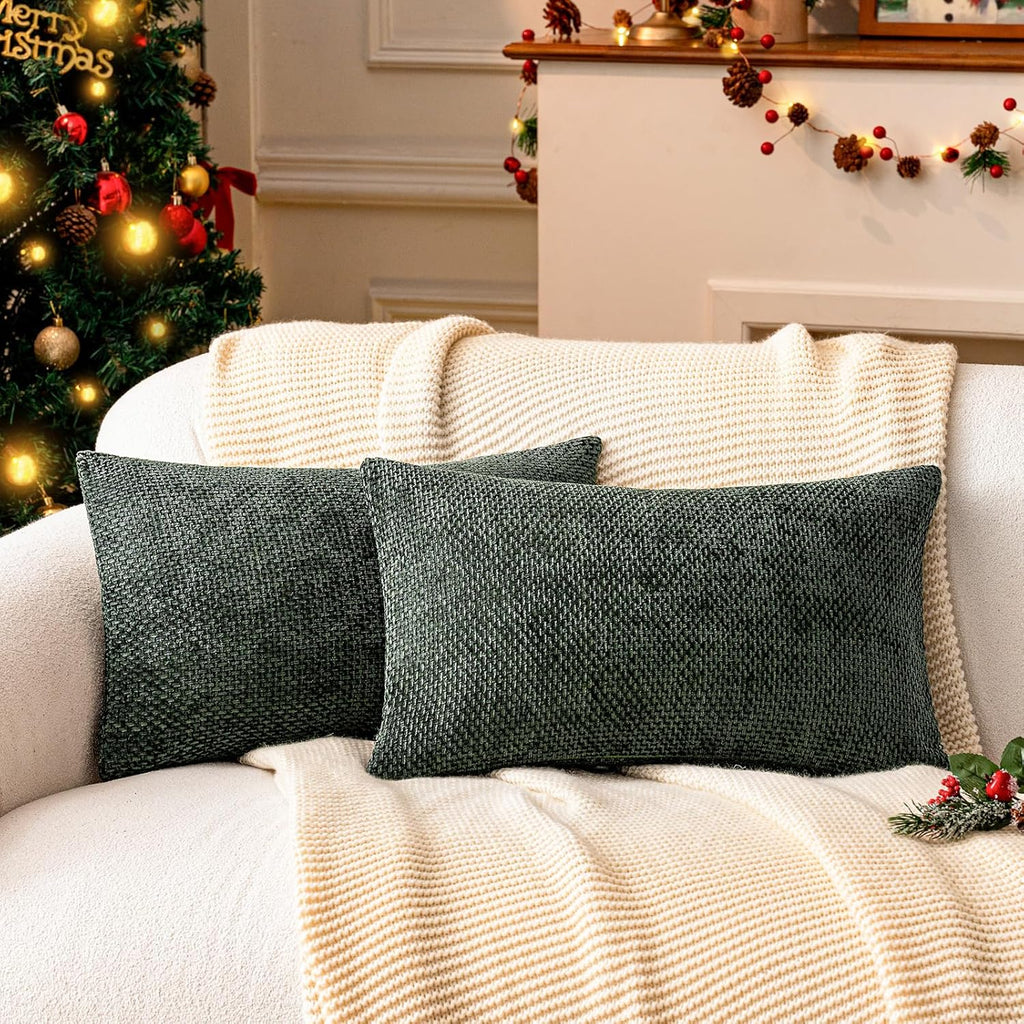a moment Christmas Dark Green Chenille Throw Pillow Covers 12x20 Inch Pack of 2 Modern Decorative Throw Pillow Covers Farmhouse Cross Covers Home Decor for Sofa Bedroom Living Room