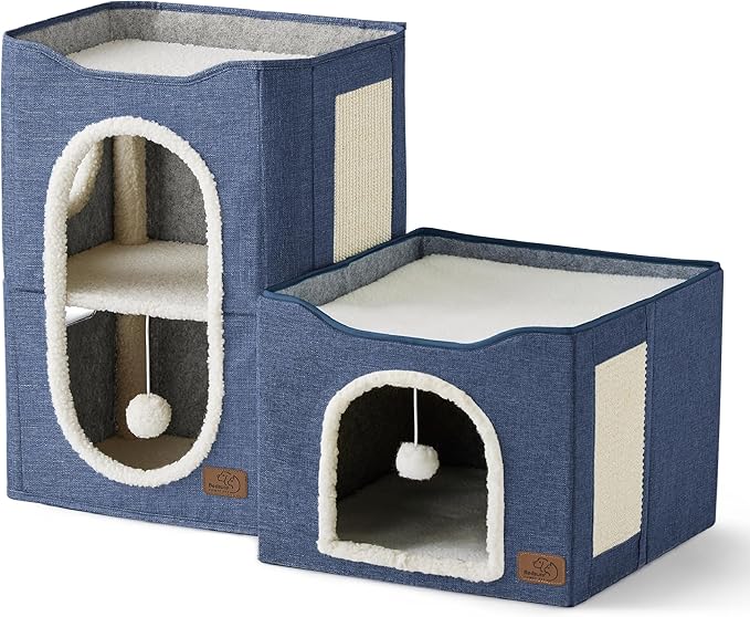 Bedsure 2 Story Cat House - Cat Condos for Indoor Cats with Scratch Pad and Fluffy Ball Hanging, Small Pet Cave Furniture Hideaway for Multi Pets, 18x14x23 inches, Blue