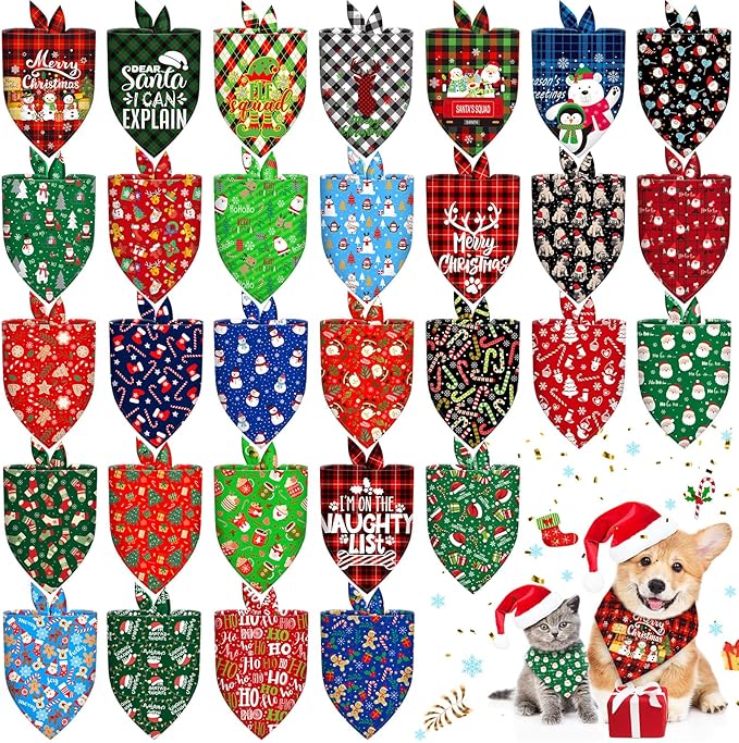 30 Pcs Christmas Dog Bandanas Bulk Adjustable Triangle Dog Scarves Bibs Xmas Puppy Bandanas Pet Neckerchief Washable Holiday Dog Bandana for Christmas Party Small Medium Large Dog Pet Grooming