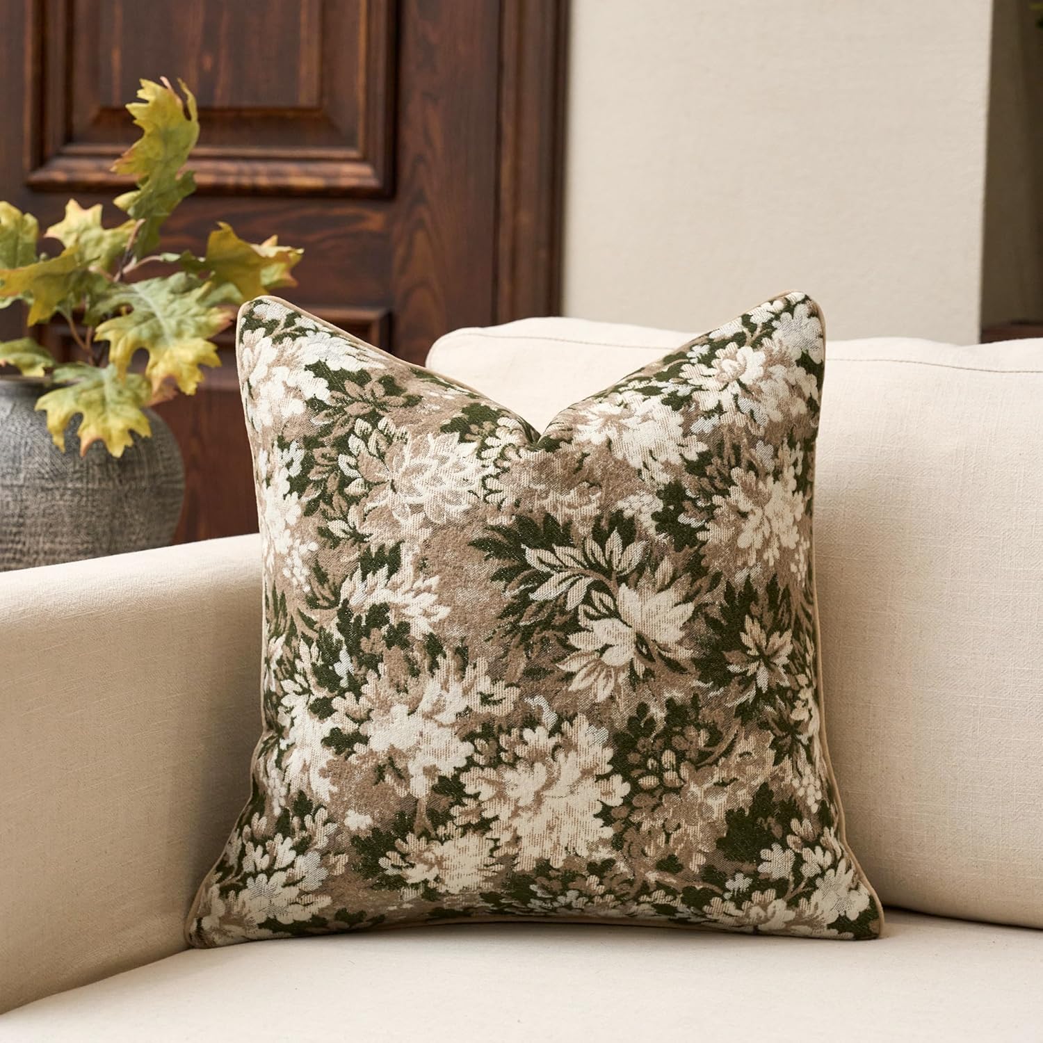 Yangest Neutral Floral Pillow Cover 24 x 24 Inches, Vintage Chenille Square Throw Pillow Cover Soft Decorative Farmhouse Accent Couch Pillow Cover for Living Room Bedroom, Green