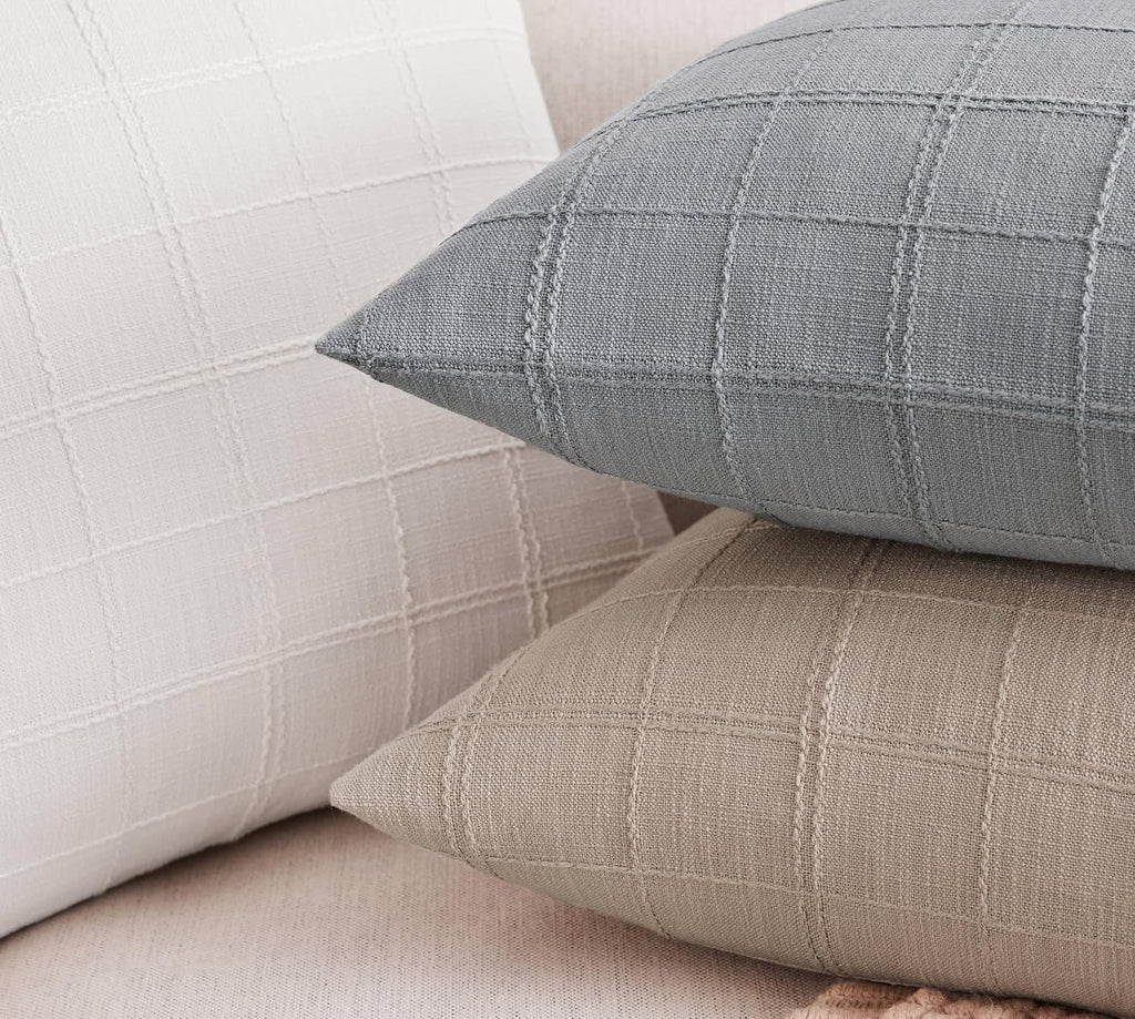 ZeeMart Linen Checked Lumbar Throw Pillow Covers Set of 2, 12x20 Inch Allover Grid Blue Ashes, Farmhouse Decorative Double Sided Grid Embroidered Couch Pillow Cases Blue Cotton Linen Cushion Covers