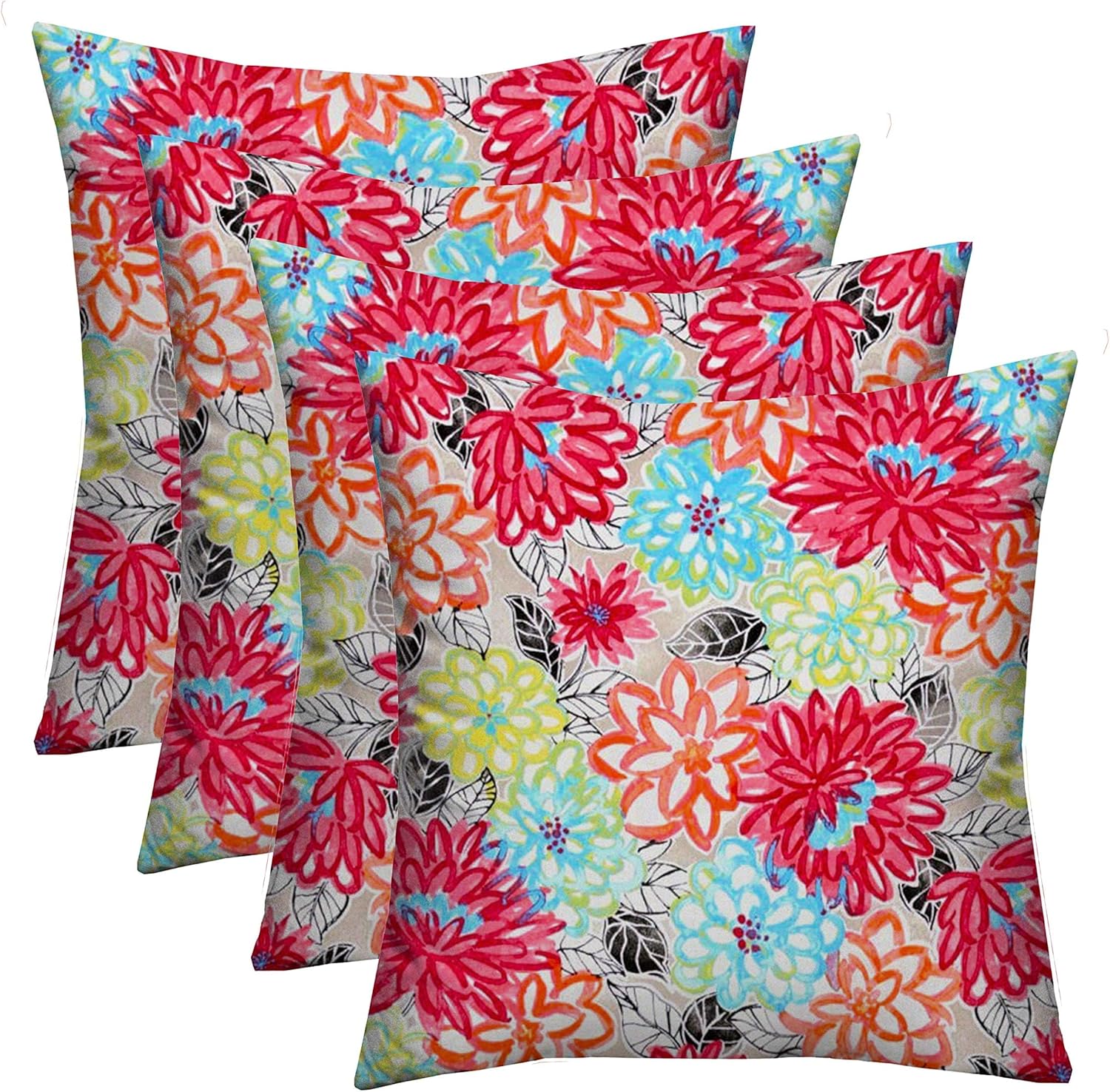 RSH Décor Set of 4 Outdoor Throw Pillows – 17"x17" Square Accent Cushions for Patio Furniture – Reversible, UV & Fade Resistant, Water-Repellent Polyester – Artistic Floral Design