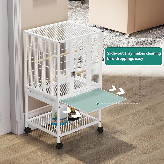 YITAHOME 41 inches Metal Bird Cage for Parakeets: Large Parrot Cages with Tray, Food Boxes, and Wooden Perches with Rolling Stand & Brakes for Lovebirds Cockatiels Pigeon Finches, White
