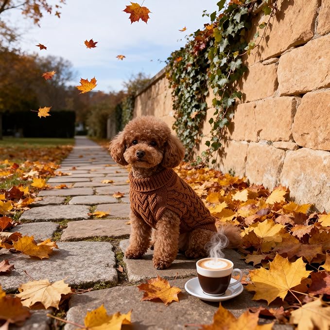 Small/Medium Dog Sweater, Warm Comfy Stretch Dog Winter Coat w/Sleeves & High Neck, Premium Dog Clothes for Mini Poodle-Best for Holidays, Daily Walks S Brown