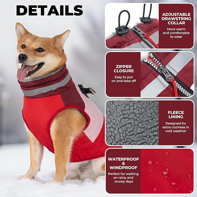 Dog Coats for Medium Dogs, Waterproof Dog Winter Jacket with Harness Built in, Cold Weather Coats, Reflective Zip-up Pet Vest, Warm Fleece Lined Dogs Snowsuit, Red X-Large