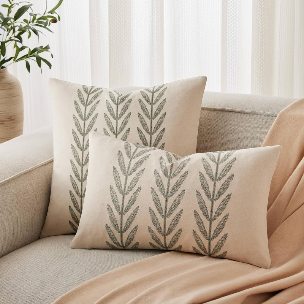 100% Cotton Farmhouse Leaves Lumbar Throw Pillow Covers Set of 2, 12x20 Inch Green Pastoral Decorative Print Cushion Covers for Sofa Bed Living Room Home Decor