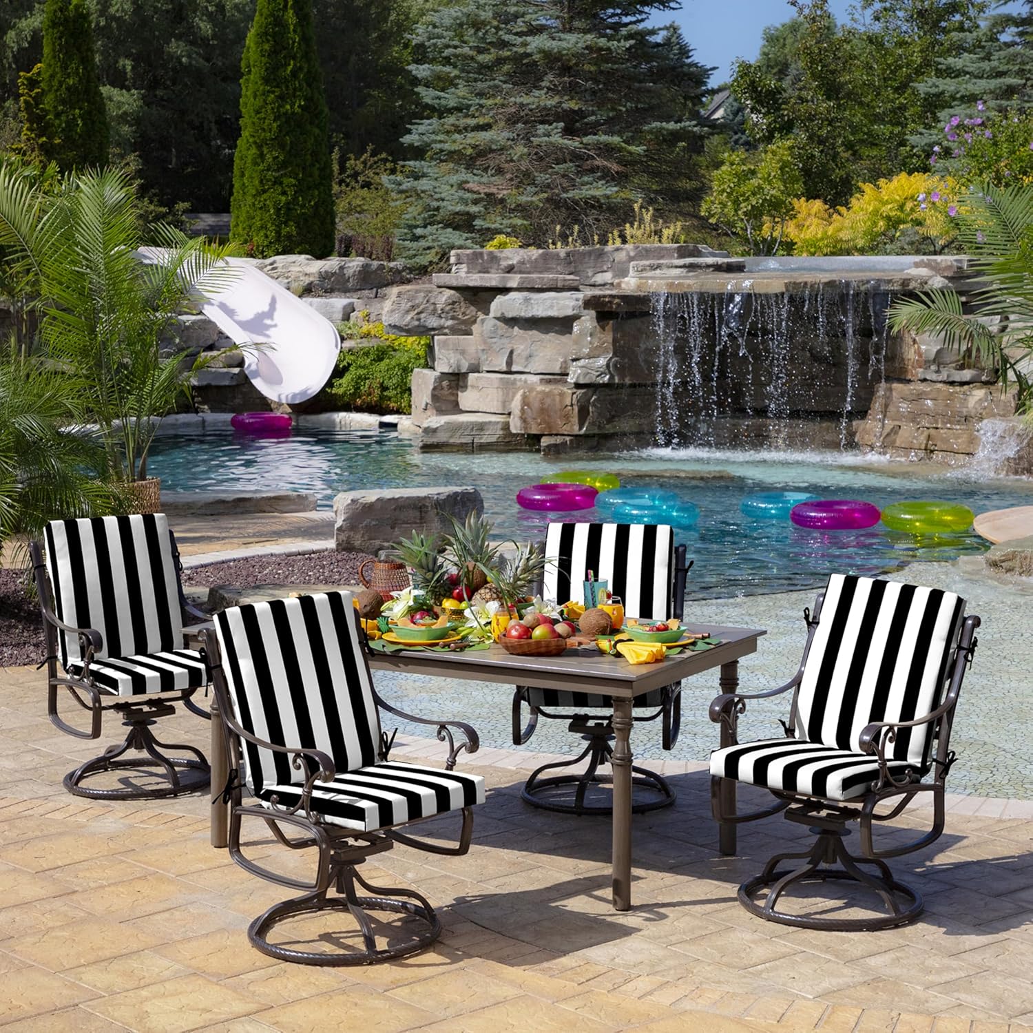 Arden Outdoor Midback Chair Cushion, 18 x 16.5, Rain-Proof, Fade Resistant Black Cabana Stripe