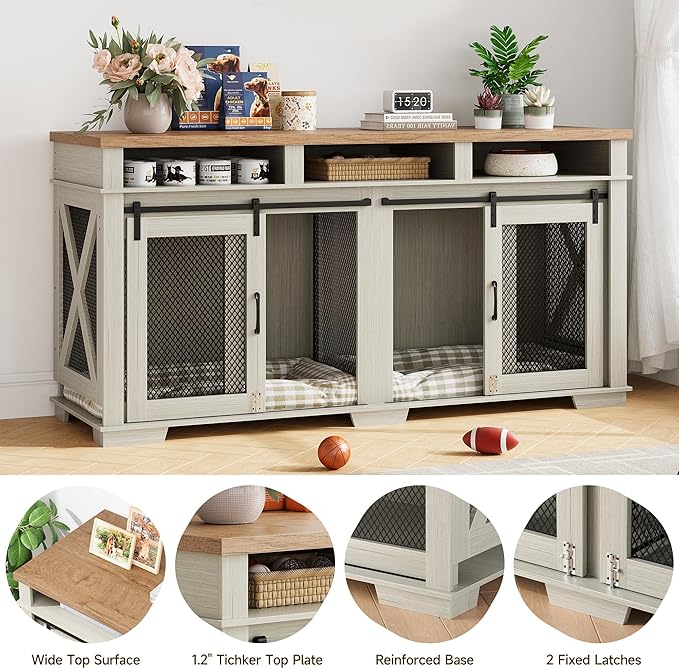 71" Dog Crate Furniture for 2 Dogs, Dog Kennel with 3 Storage Drawers & Removable Divider, Extra Large Double Dog Cage As TV Stand, Furniture Style Dog Crates with Sliding Barn Door, Light Oak/White